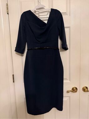 Black Halo Jackie O Dress Navy Blue Asymmetric Cowl Neck Sheath Dress w/ Belt  8